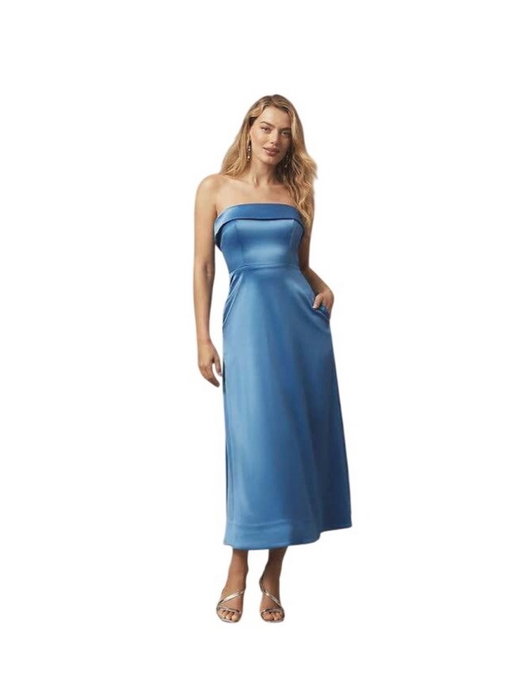 BHLDN Soma Strapless Satin Fit & Flare Midi Dress Blue Size 8
